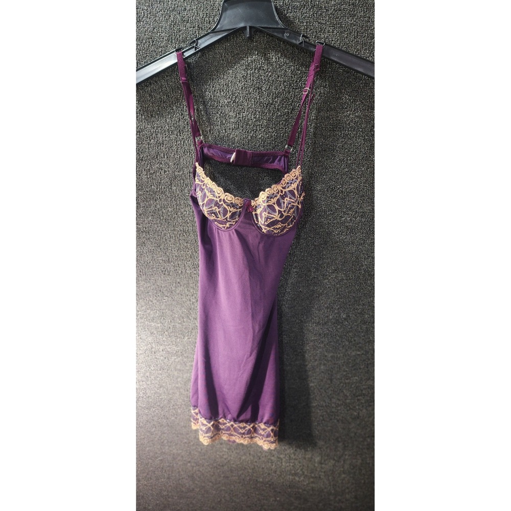 Purple Lace Underwire Chemise Nightgown Gold Metallic Trim Made in Spain Large